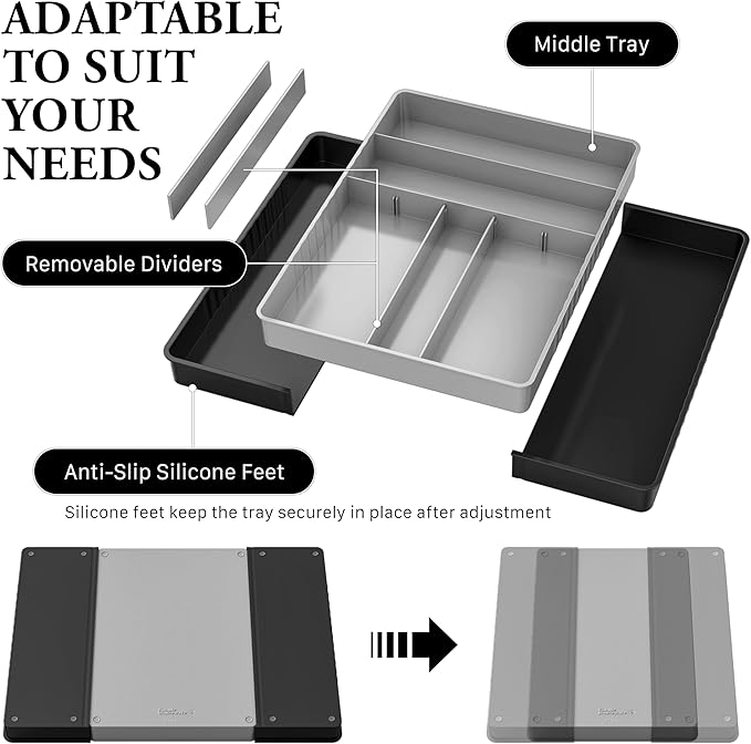 Simple Houseware Expandable Kitchen Drawer Flatware Organizer, Black/Gray