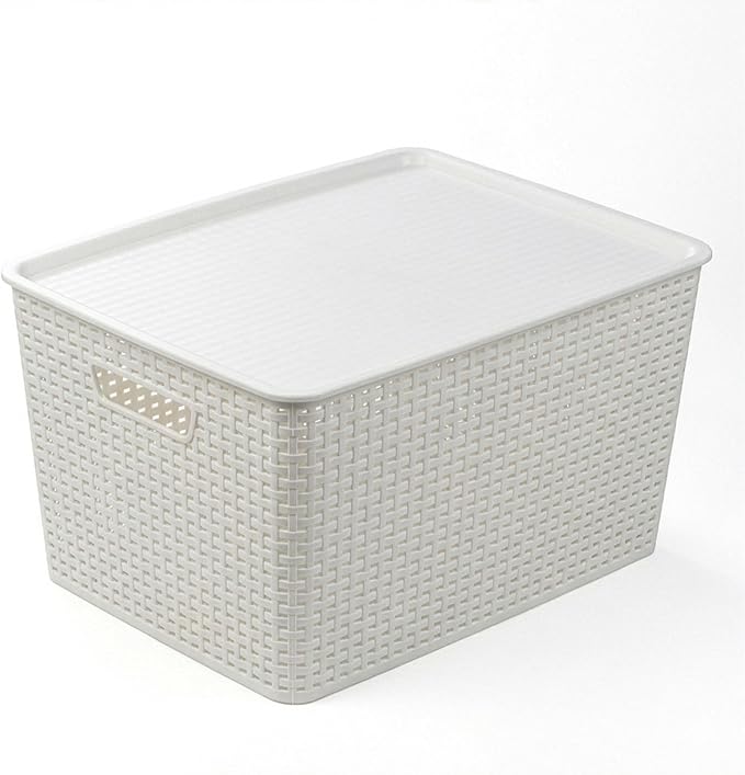 BINO | Plastic Storage Baskets with Lids, 33 Liter - 3 Pack, White | THE WOVEN COLLECTION | Storage Basket for Shelves | Woven Storage Baskets for Organizing Bins Pantry Shelf Organizer Container Bin