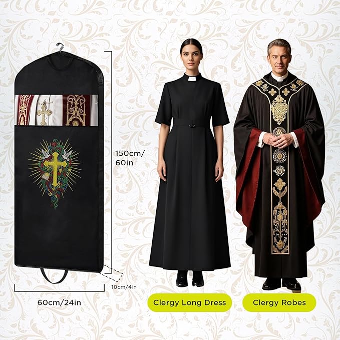 Clergy Robe Garment Bag, Black Vestment Cover for Hanging Clothes, Deacon Preacher Travel Storage Bag (Black, 60 Inch)