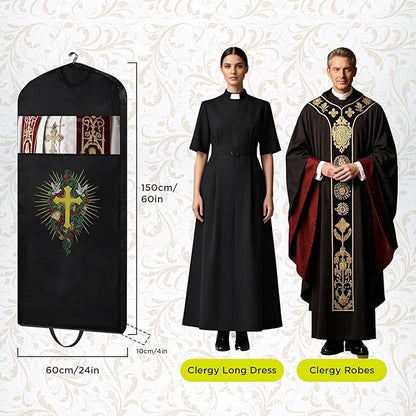 Clergy Robe Garment Bag, Black Vestment Cover for Hanging Clothes, Deacon Preacher Travel Storage Bag (Black, 60 Inch)