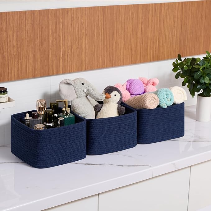 MiniArk Small Organizing Baskets for Cubes Shelf, 9.7x9.7x7.1 Inch Rope Woven Storage Bins for Nursery Shelves Storage, Cute Toy Basket, Square 3 Packs Navy Blue