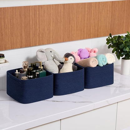 MiniArk Small Organizing Baskets for Cubes Shelf, 9.7x9.7x7.1 Inch Rope Woven Storage Bins for Nursery Shelves Storage, Cute Toy Basket, Square 3 Packs Navy Blue