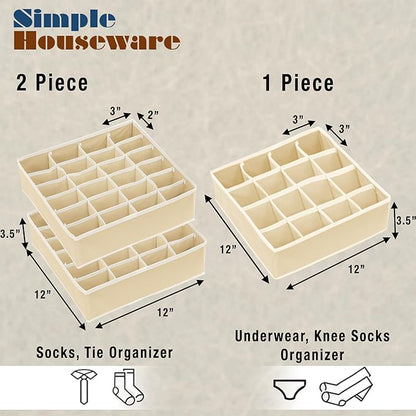 Simple Houseware Sock Drawer Organizer for Dresser/Closet/Bedroom, 3 Pack, Beige