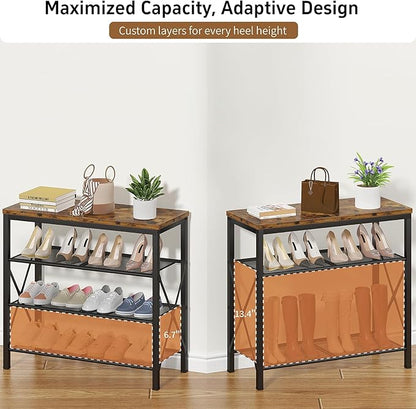4 Tier Shoe Rack, Metal Shoe Organizer with Wooden Top, Shoe Shelf for Entryway Closet Door Entrance, Rustic Brown