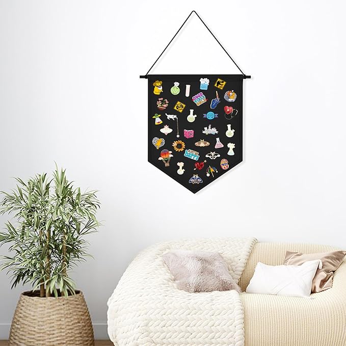 Wall Hanging Brooch Organizer Storage Board Colorful Enamel Pin Badge Canvas Display Banner Earrings Case Collection Holder 12.6x10in(Not Include Any Accessories) (Black)