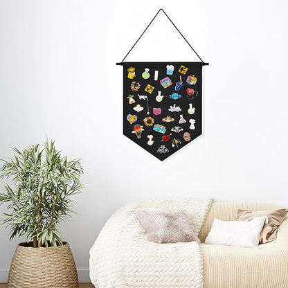 Wall Hanging Brooch Organizer Storage Board Colorful Enamel Pin Badge Canvas Display Banner Earrings Case Collection Holder 12.6x10in(Not Include Any Accessories) (Black)