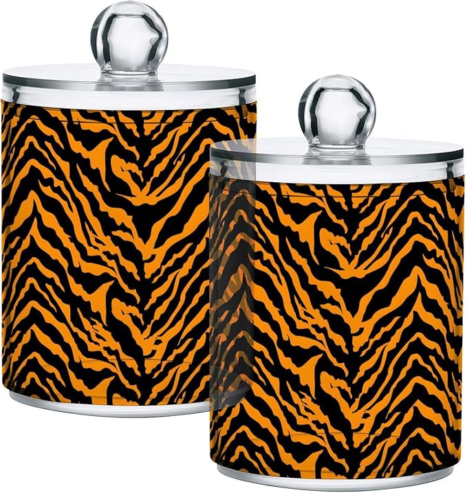 ALAZA 2pcs Tiger Print Animal Qtip Holder Dispenser 14 oz Bathroom Storage Clear Apothecary Jars Containers Cotton Ball,Cotton Rounds,Floss Picks, Hair Clips, Food