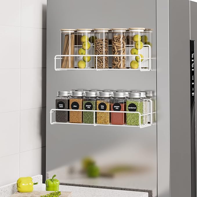 Mystozer 2 Pack Magnetic Spice Rack Organizer, Space Saver for Refrigerator and Whiteboard, Metal Fridge Shelf for Kitchen and Classroom Seasoning Organizer Seasoning Rack Condiment Organizer(White)