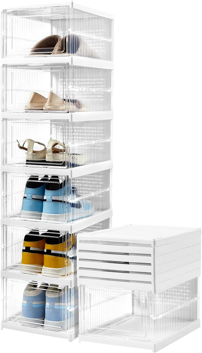 ZLLZUU Upgrade Clear Foldable Shoe Storage Organizer, No Assembly 6 Tiers Shoe Box with Fully Clear Door, Plastic Stackable Shoe Rack for Sneakers, Sturdy Shoe Storage Containers Bins