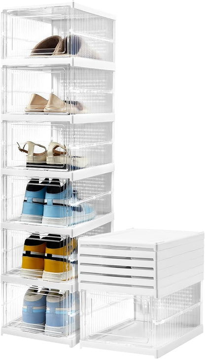 ZLLZUU Upgrade Clear Foldable Shoe Storage Organizer, No Assembly 6 Tiers Shoe Box with Fully Clear Door, Plastic Stackable Shoe Rack for Sneakers, Sturdy Shoe Storage Containers Bins