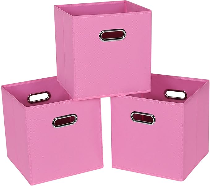 Fabric Cloth Storage Bins,Fabric Cube Bins Organizer with Dual Handles Foldable Cube Storage Baskets for Home Bedroom Storage,Set of 3,(Pink)