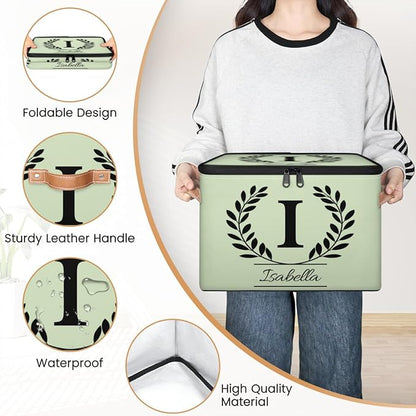 Custom Storage Bins with Lid, Initial Name Personalized Storage Basket Boxes, Eucalyptus Leaves Foldable Closet Organizer Cube, Sage Green