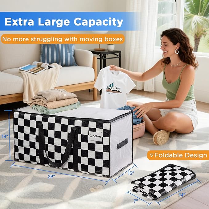 BETU 16 Pack Moving Bags Moving Storage College Dorm Camping Packing Travel PE Heavy Duty, Sturdy Handle, Zipper Large Storage Tote Bag Moving Boxes Box Alternative - White Plaid 29L x 15W x 15H
