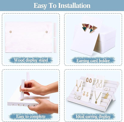 Marsui 62 Pcs Wood Earring Display Stand Earring Card Display 2 Sets of Holder with Cards Jewelry Stands for Selling