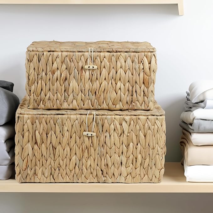ORDELITE Set of 2 Wicker Basket with Lid, Rectangular Water Hyacinth Storage Baskets for Organizing, Decorative Woven Basket Bins Boxes for Organizing Home