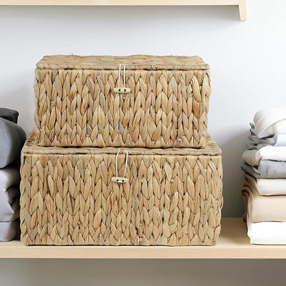 ORDELITE Set of 2 Wicker Basket with Lid, Rectangular Water Hyacinth Storage Baskets for Organizing, Decorative Woven Basket Bins Boxes for Organizing Home