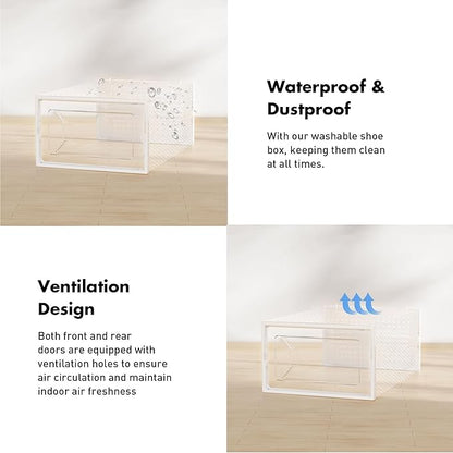 Foluck Shoe Storage Box, 15 Pack Clear Plastic Stackable Shoe Organizer for Closet, Interlocking Design Shoe Container Bins for Sneakers, Foldable Shoe Rack with Lids, White