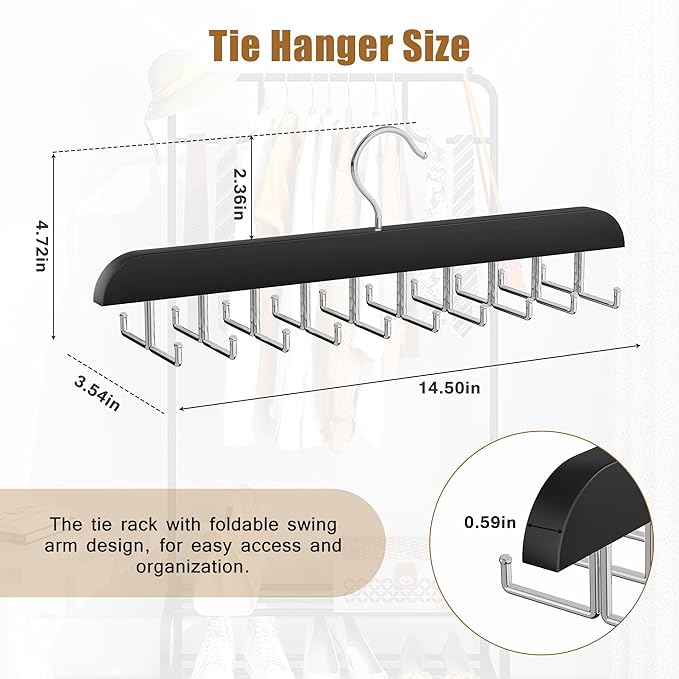 Tie Rack Hanger for Closet, 2 in 1 Belt Tie Hangers with 20 Folding Hooks, 360 Degree Rotating Wooden Tie Holder Organizer for Men Ties Belts Scarves Tank Tops Accessories, Black (2 Pack)