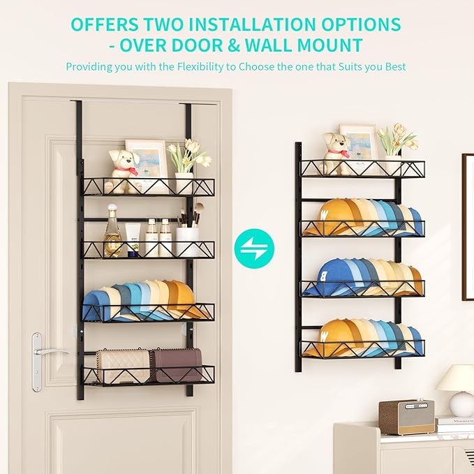 HapiRm Over the Door Hat Organizer - 4 Tier Wall Mounted Hat Rack with 4 Adjustable Metal Basket, Baseball Caps Organizer Storage Holds up to 40 Caps for Door, Bedroom, Closet (Black)