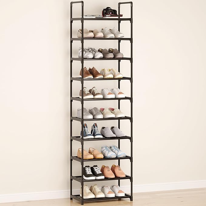 10-Tier Large Capacity Shoe Rack, Sturdy Narrow Shoe Stand for Entryway, Closet, Hallway, 20-25 Pairs Waterproof Dustproof Shoe Storage, Space Saving Tall Shoe Tower (Black)