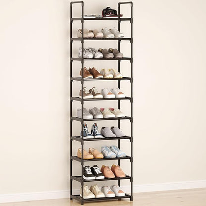 10-Tier Large Capacity Shoe Rack, Sturdy Narrow Shoe Stand for Entryway, Closet, Hallway, 20-25 Pairs Waterproof Dustproof Shoe Storage, Space Saving Tall Shoe Tower (Black)