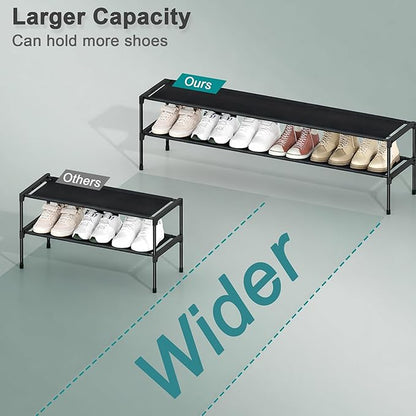 HITHIM 2 Tier Long Shoe Rack for Closet, Screw Fastened Plastic Connector Shoe Storage Organizer, Non-Woven Fabric Metal Shoe Shelf, Holds 18-21 Pairs for Front Door Entrance, 48.5"x12.1"x17.8"