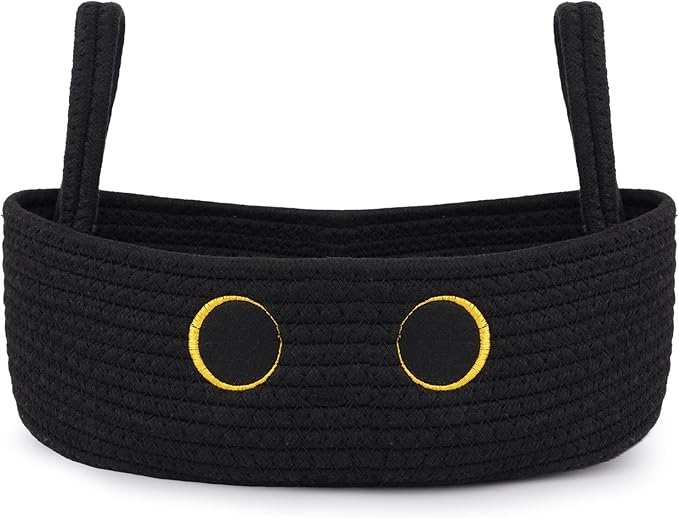 Toilet Black Cat Paper Basket–Cute Cat Oval Woven Bathroom Organizer Toilet Tank Decorative Storage Basket, Shelf Rope Cotton Cat Bin with Handles, Wedding Towel Holder, 13" D x 7.48" H in