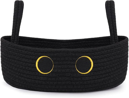 Toilet Black Cat Paper Basket–Cute Cat Oval Woven Bathroom Organizer Toilet Tank Decorative Storage Basket, Shelf Rope Cotton Cat Bin with Handles, Wedding Towel Holder, 13" D x 7.48" H in
