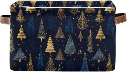 Large Storage Basket Gold Blue Christmas Trees Storage Bin Cube Canvas Fabric Organizer Handles Collapsible for Clothes Toys Bedroom Decorative