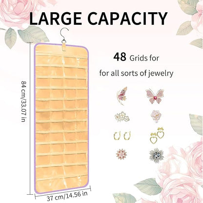 Bloss Hanging Jewelry Organizer with 48 Pockets, Mothers Day Gifts Double-Size Hanging Jewelry Holder with Hanger Hooks, Jewelry Organizers and Storage for Earrings, Necklaces and Rings, Purple