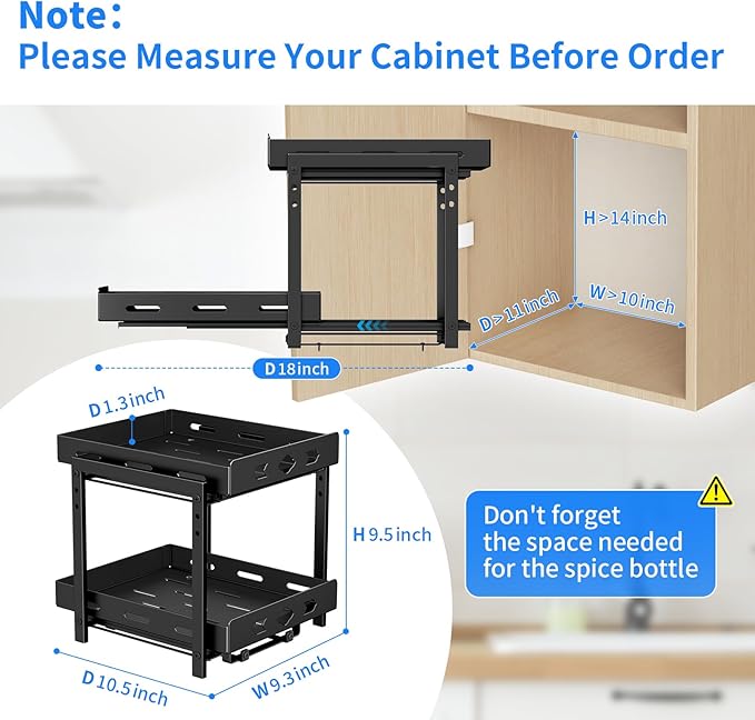 BOIVSHI Pull Out Spice Rack Organizer for Cabinet, 2 Tier Cabinet Spice Rack Organizer, Height Adjustable Vertical Spice Rack for Kitchen Cabinet (11.9''Wx10.8''Dx9.2''H, Metal Black)