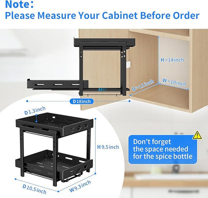 BOIVSHI Pull Out Spice Rack Organizer for Cabinet, 2 Tier Cabinet Spice Rack Organizer, Height Adjustable Vertical Spice Rack for Kitchen Cabinet (11.9''Wx10.8''Dx9.2''H, Metal Black)