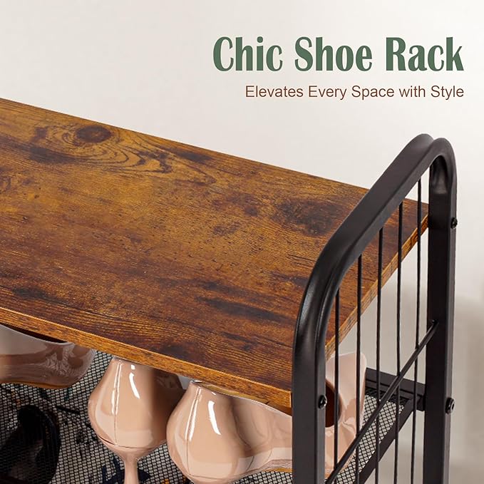 Shoe Rack, 5-Tier Shoe Organizer with Guardrails, Heavy-Duty Metal Mesh Shelves & Rustic Wooden Top for Stylish Closet & Front Door Storage