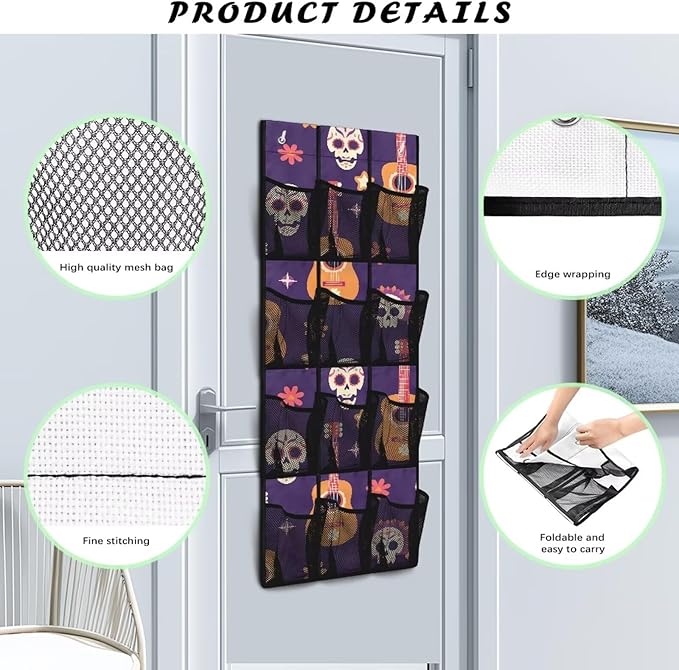 Skull Guitar Over The Door/Wall Shoe Organizer,Nursery Organization,12 Compartment Breathable Mesh Pocket Over the Door Hanging Shoe Bag,Closet Shoe Hanging Bag,Breathable Organizer
