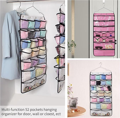 Closet Hanging Organizer, Dual Sided Hanging Wardrobe Storage Bags, 42 Clear Pockets Storage Hanger for Jewelry Socks Underwear (White)