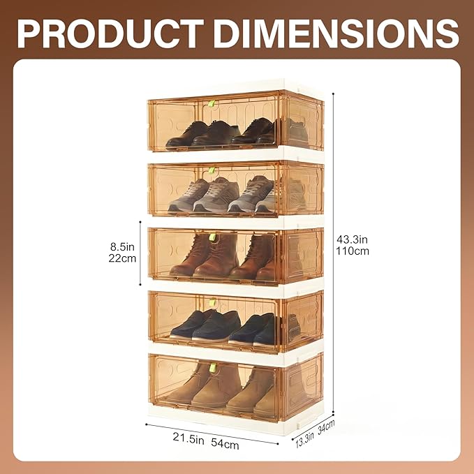 Shoe Rack Organizer for Entryway/Closet,Stackable Magnetic-Door Shoe Boxes,Foldable Space-Saving Sneaker&Boot Containers,Thichen&Sturdy Plastic Cabinet 5 Tiers 10 Pairs,Taupe