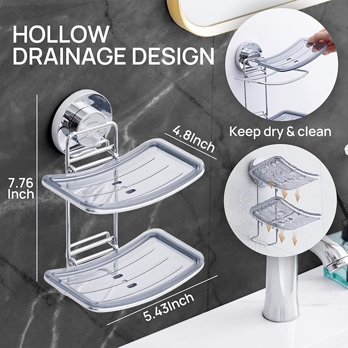 LEVERLOC Soap Dish Holder Suction Cup for Shower Wall Double Layer Drill-Free Waterproof Wall Mount Strong Suction Removable Bar Soap Sponge Holder for Bathroom Bathtub Kitchen, Chromed