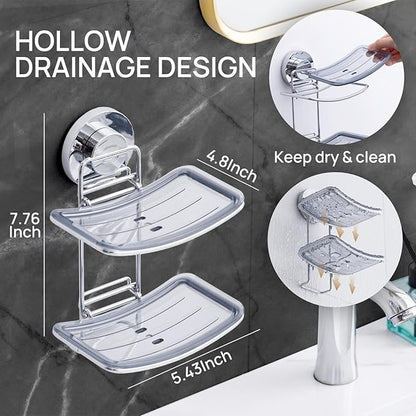 LEVERLOC Soap Dish Holder Suction Cup for Shower Wall Double Layer Drill-Free Waterproof Wall Mount Strong Suction Removable Bar Soap Sponge Holder for Bathroom Bathtub Kitchen, Chromed