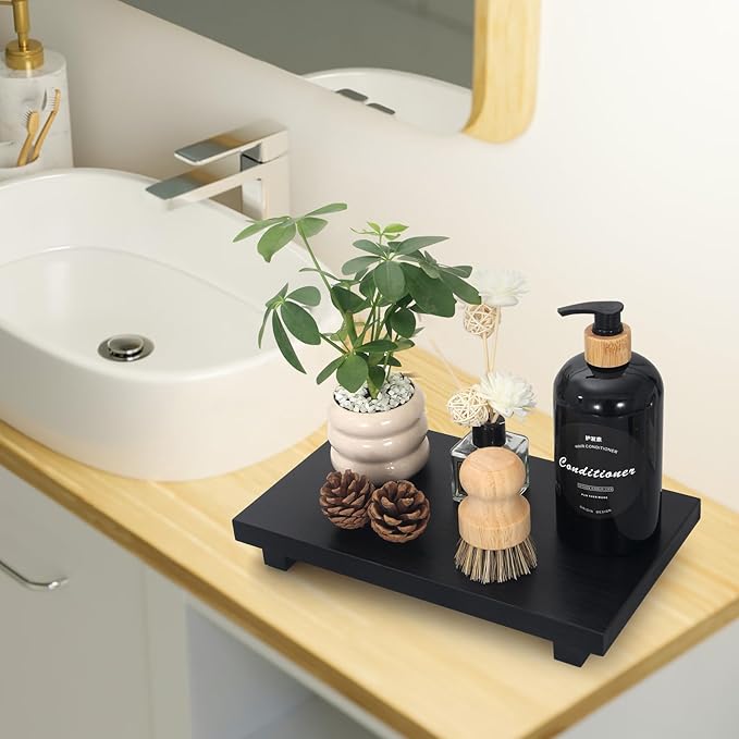 Black Bathroom Counter Tray Organizer Wood Risers Stand Kitchen Sink Trays Dish Soap Dispenser Holder for Countertop Modern Wooden Pedestal Display Farmhouse Bathroom Decor Accessories Vanity Tray