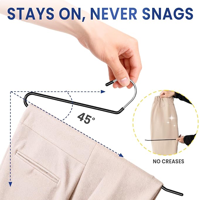DAMITA Open Ended Pants Hangers - Non Slip Heavy Duty Metal Hangers 10 Pack - Space Saving Jeans Trousers Blanket Organizer for Closet - 7 lbs Load Capacity Rubber Coating Black