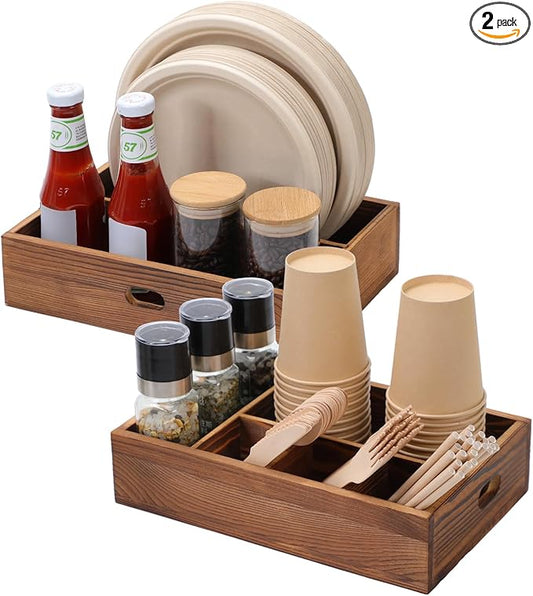 Utensil Holder for Party,Paper Plate Holders,Wood Silverware Organizer for Kitchen Countertop,Silverware Caddy,Essentials for Parties,Cutlery Flatware Organizer for Spoons Forks Napkins Cup,Set of 2