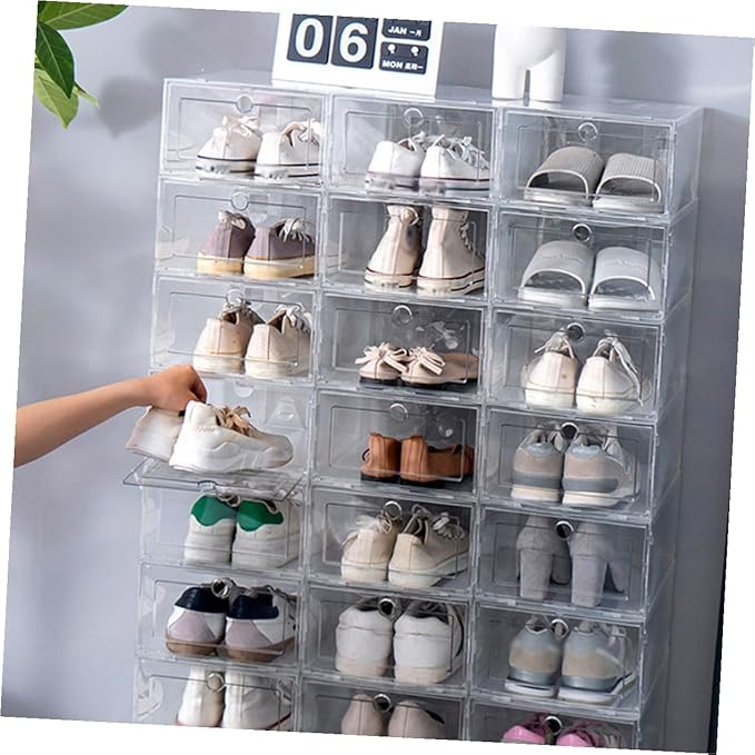 4pcs Transparent Shoe Storage Boxes Stackable Sneaker Organizer Container with Convenient Cover for High Heels Boots and Item Storage