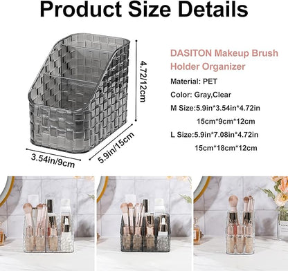 DASITON Makeup Brush Holder Organizer, 3 Slots Acrylic Makeup Brushes Storage Cup, Woven Texture Make Up Brush Holder for Vanity Bathroom Office, Pen Holder for Desk, Cosmetic Display Cases (Grey M)