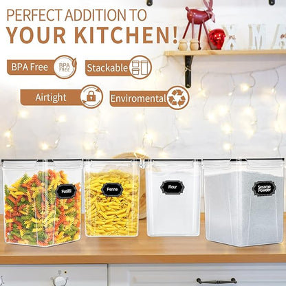 PRAKI Large Airtight Food Storage Containers 5.2L / 195oz, 4pcs Pantry Kitchen Organizers and Storage for Flour, Sugar, Baking Supplies, BPA Free, Plastic Flour Containers with 20 Labels & Maker