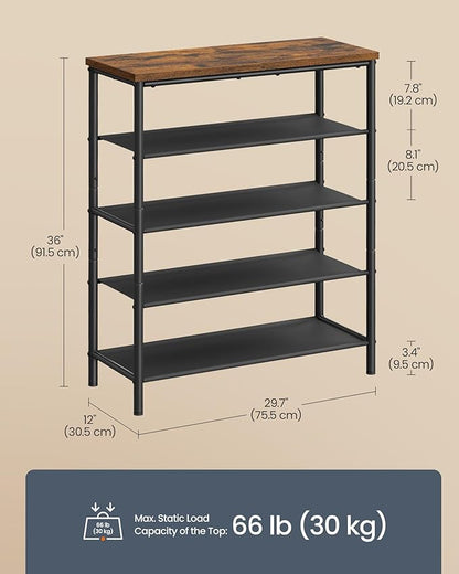 SONGMICS HOME 5-Tier Shoe Rack, Free Standing Shoe Storage Organizer, 12 x 29.7 x 36 Inches, Metal Frame with Top Surface for Closet Entryway, Rustic Brown and Black