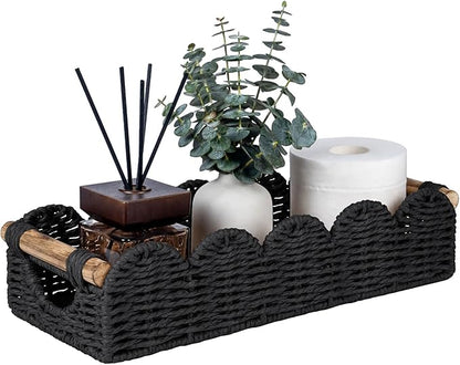 CubesLand Bathroom Basket Organizer w/Cut Out Handle, Back of Toilet Paper Storage Baskets Tray for Bathroom Countertop Decorative, Scalloped Wicker Basket Also for Home Decor, Living Room, Black