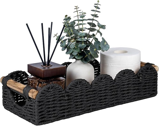 CubesLand Bathroom Basket Organizer w/Cut Out Handle, Back of Toilet Paper Storage Baskets Tray for Bathroom Countertop Decorative, Scalloped Wicker Basket Also for Home Decor, Living Room, Black
