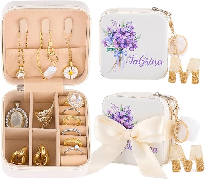 Personalized Jewelry Box for Girls Women, Custom Leather Travel Jewelry Case with Name Birth Flower, Storage Mini Organizer for Necklaces Earrings, Gifts for Wife Girlfriend Bridesmaid Wedding Mother