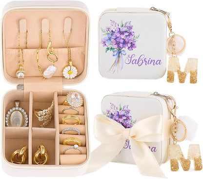 Personalized Jewelry Box for Girls Women, Custom Leather Travel Jewelry Case with Name Birth Flower, Storage Mini Organizer for Necklaces Earrings, Gifts for Wife Girlfriend Bridesmaid Wedding Mother