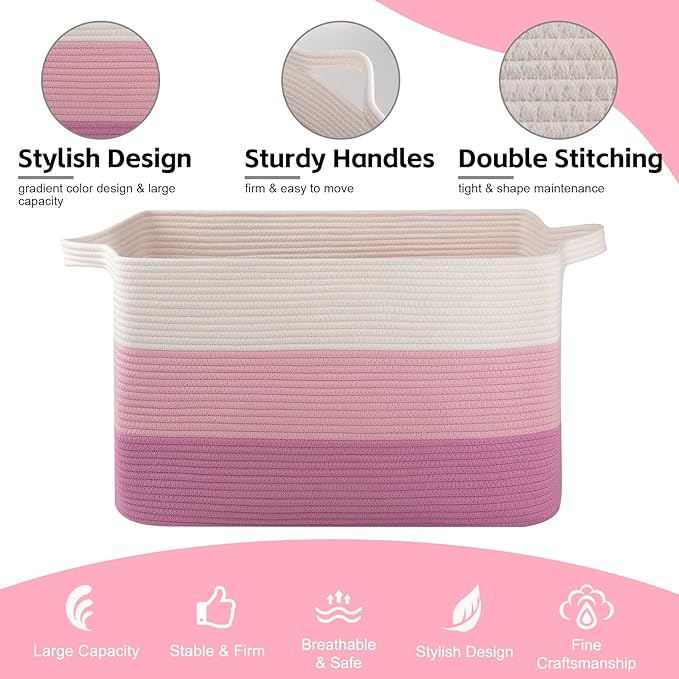 OIAHOMY Extra Large Blanket Basket, 95L Cotton Rope Woven Laundry Basket, Toy Bin for Baby Room, Container for Blanket Storage in Living Room, 24''×17''×14'', Gradient Pink